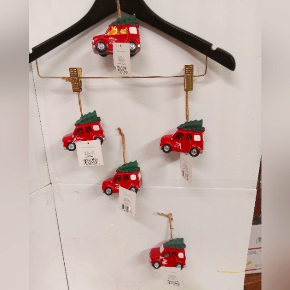 5 Red Vans Christmas Ornaments w/Tree Lights up Ceramic Old East Main NEW